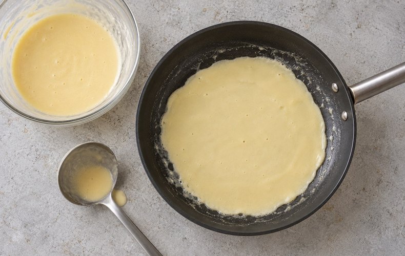 Crêpeteig in die gebutterte Pfanne gießen