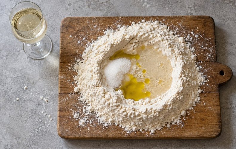 Mehl mit Zucker, Öl und Prosecco auf der Arbeitsfläche